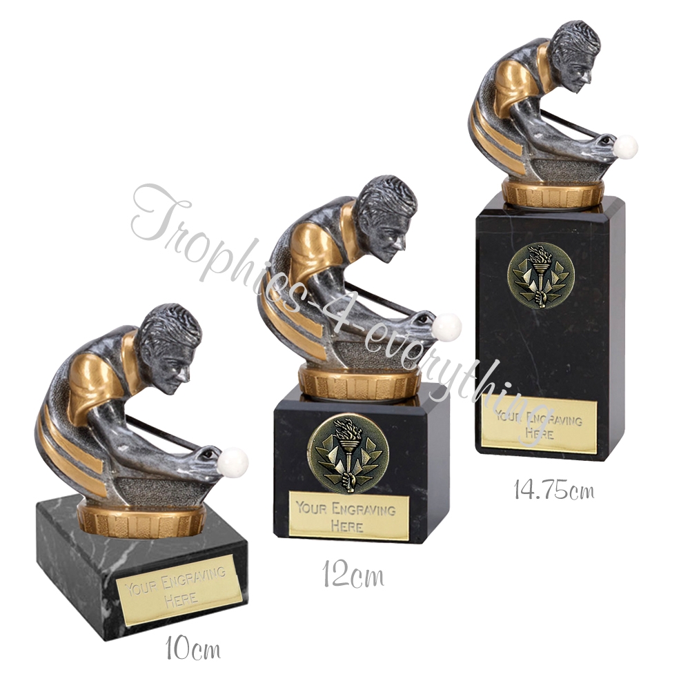 Three Personalised Pool Trophies on Marble Bases Engraved